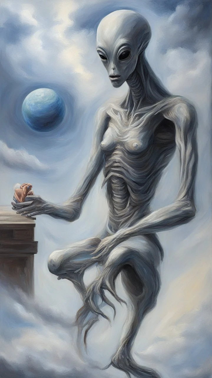 oil painting, Believing the strangest things, loving the alien And your prayers they break the sky in two