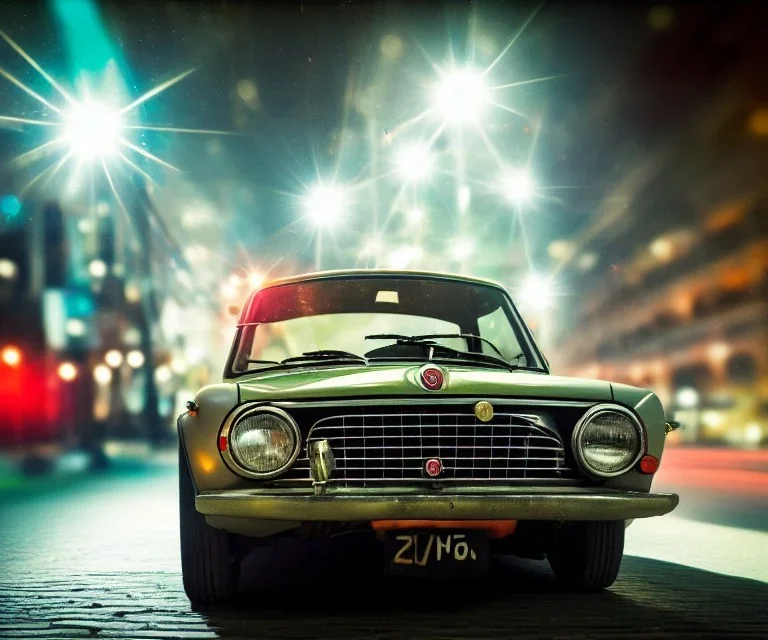 fiat 125p, city. high speed. bokeh. lens flare. warm lights. high detailed. oil on canvas