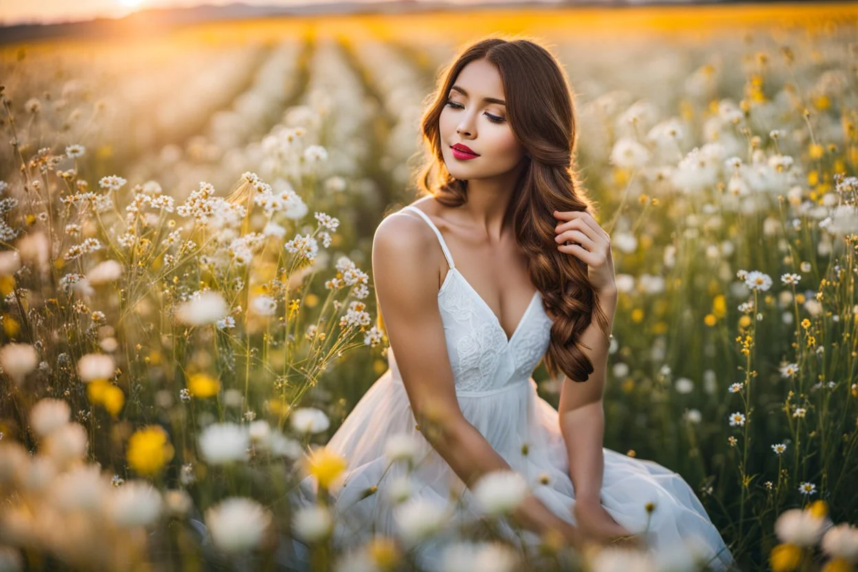 Young woman in flower field in the evening