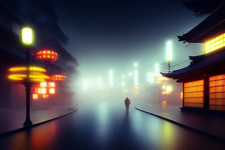 misty foggy area with a spirit inside in a bright japanese city at night