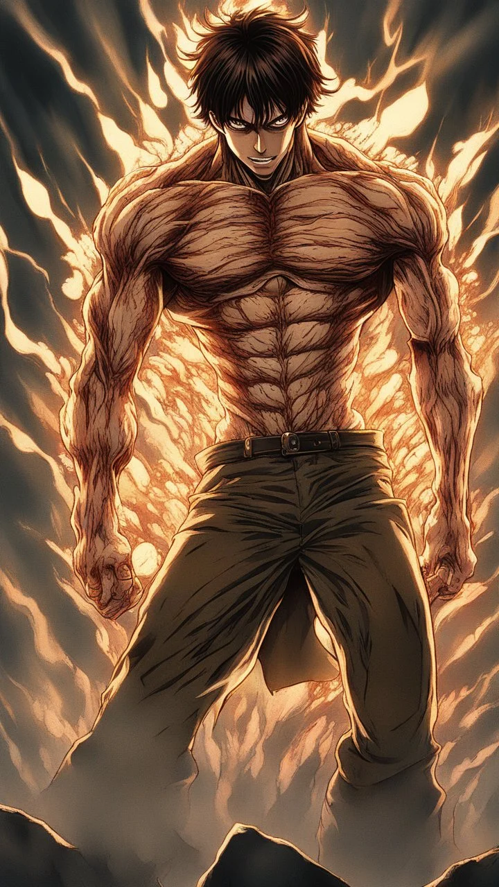 Eren Yeager undergoes a profound transformation into his Titan form. The scene is bathed in an otherworldly, powerful light that highlights every intricate detail of his changing anatomy. The transformation is not only physical but also emotional, as Eren grapples with the brutal power surging through him. Describe this awe-inspiring moment with vivid detail, capturing the intensity of the metamorphosis, pattern snowboard