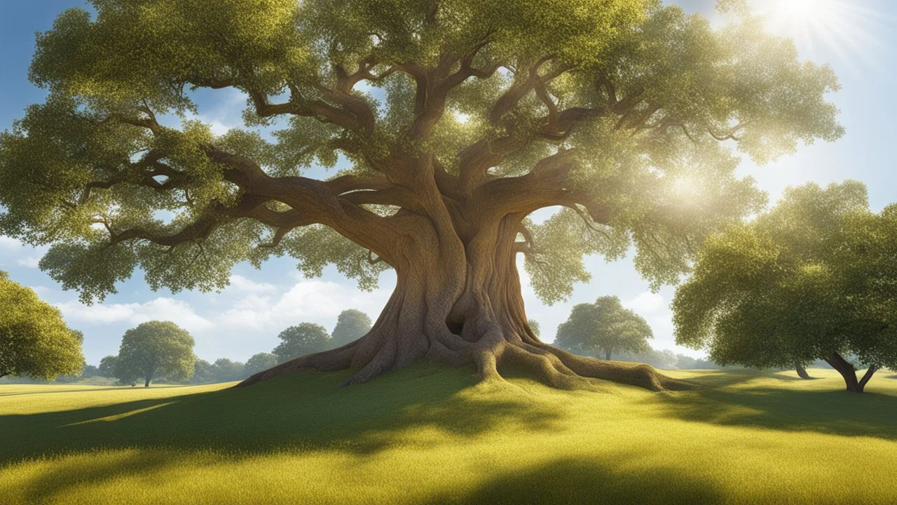 Magnificent mature oak tree in bright summer sunshine. Exquisite composition, beautiful detailed intricate detailed octane render, 8k artistic photography, photorealistic, perfect light, chiaroscuro, award-winning photograph, masterpiece