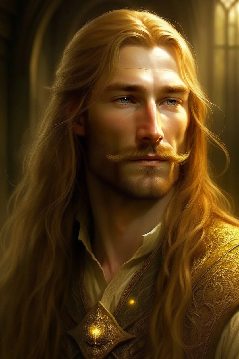 A young serene Lord Of The Rings like man with long golden hair that cascades gracefully. A short beard and no mustache. His open eyes, with blind pupils, reflect a depth of wisdom and inner peace. A gentle smile graces his face, adding warmth to his tranquil demeanor.