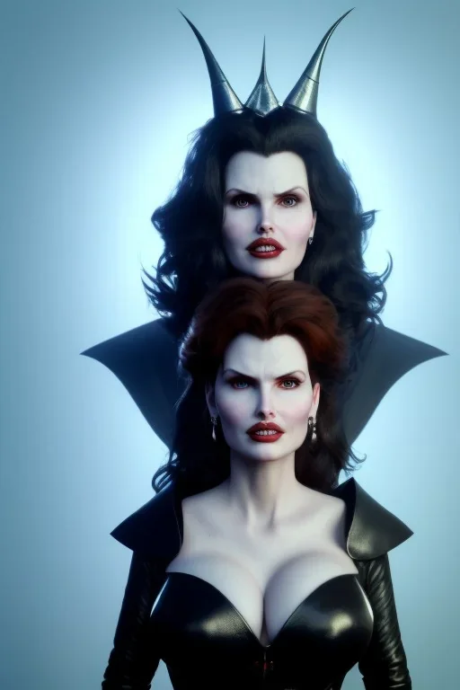 Geena Davis as evil queen in black leather, leather, busty, cleavage, angry, rage, stern look. character design by cory loftis, fenghua zhong, ryohei hase, ismail inceoglu and ruan jia. unreal engine 5, artistic lighting, highly detailed, photorealistic, fantasy