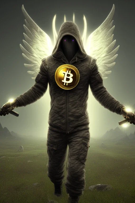 running berserker portrait , no face, black jogging suite , in the night Alps , holding bitcoin , angels background, volumetric gold light, high detail, dark leaf tree, dark mountains in background, perfect