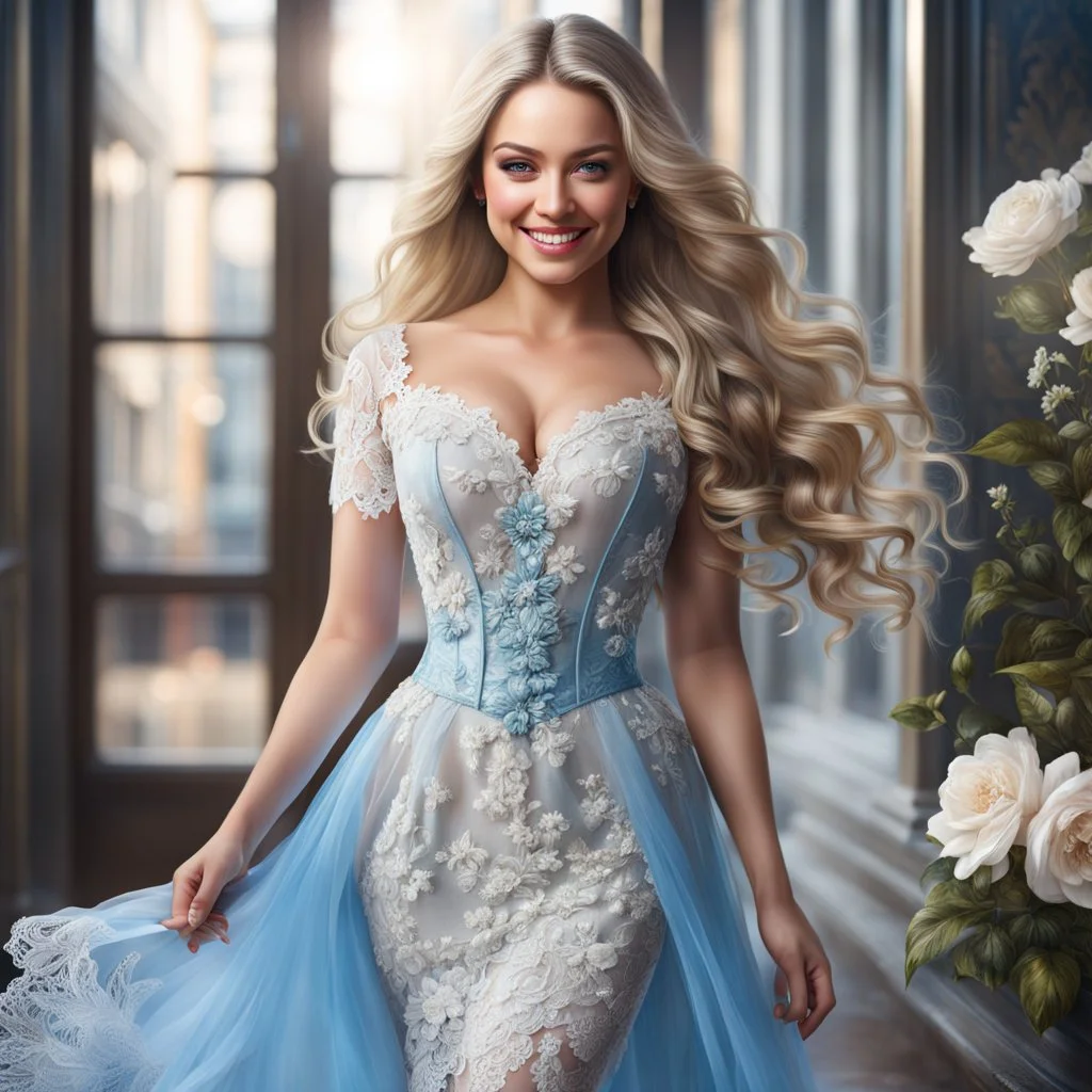 (best quality, 4k, 8k, highres, masterpiece:1.2), ultra-detailed, (realistic, photorealistic, photo-realistic:1.37),hyper realistic, full body gorgeous smiling 1woman,long hair,looking at viewer,realistic proportions,blue eyes,hair ornament,transparent lace dress,very long hair,flower,blonde hair,parted lips,necklace,white dress,blonde hair,lips,joyful pastel background,freckles,realistic,head wreath, pink flower,realistic portrait, dreamy fantasy landscape countryside,great pespective,crystal