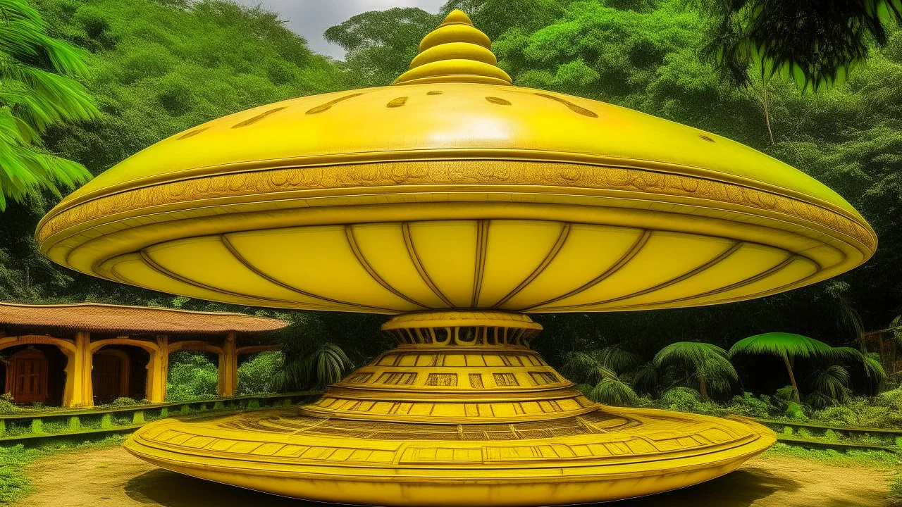 A yellow electrical UFO designed in Mayan architecture