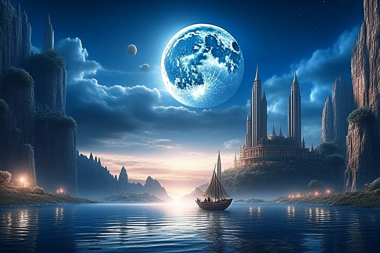 moon, clouds, distant city, lake, sci-fi, boat, epic