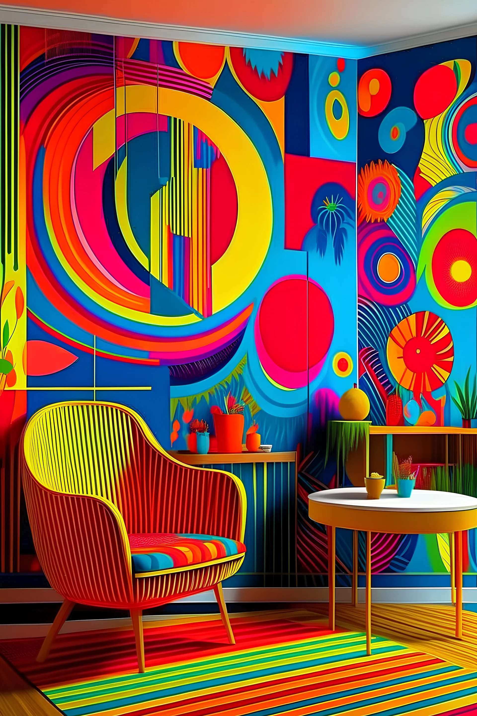 Create a hand-painted wall mural featuring vibrant , funky patterns, and neon lights, capturing the essence of a retro disco party."."