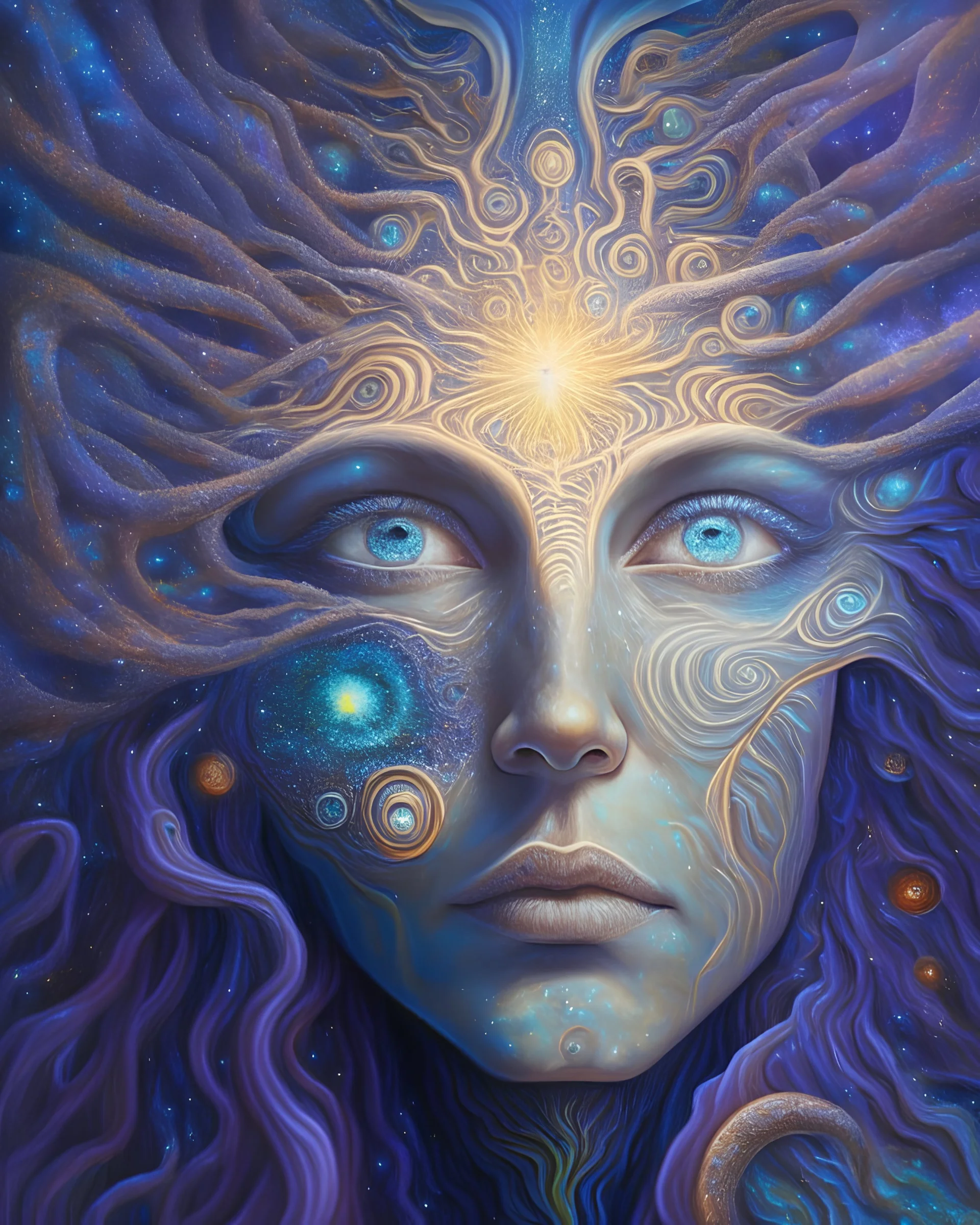 A mesmerizing portrait of a celestial being, with eyes that hold galaxies within them and hair that flows like cosmic stardust, in the style of visionary art, iridescent colors, dreamy textures, and otherworldly aura, influenced by the works of Alex Grey and Android Jones, inviting the viewer to contemplate the mysteries of the universe.