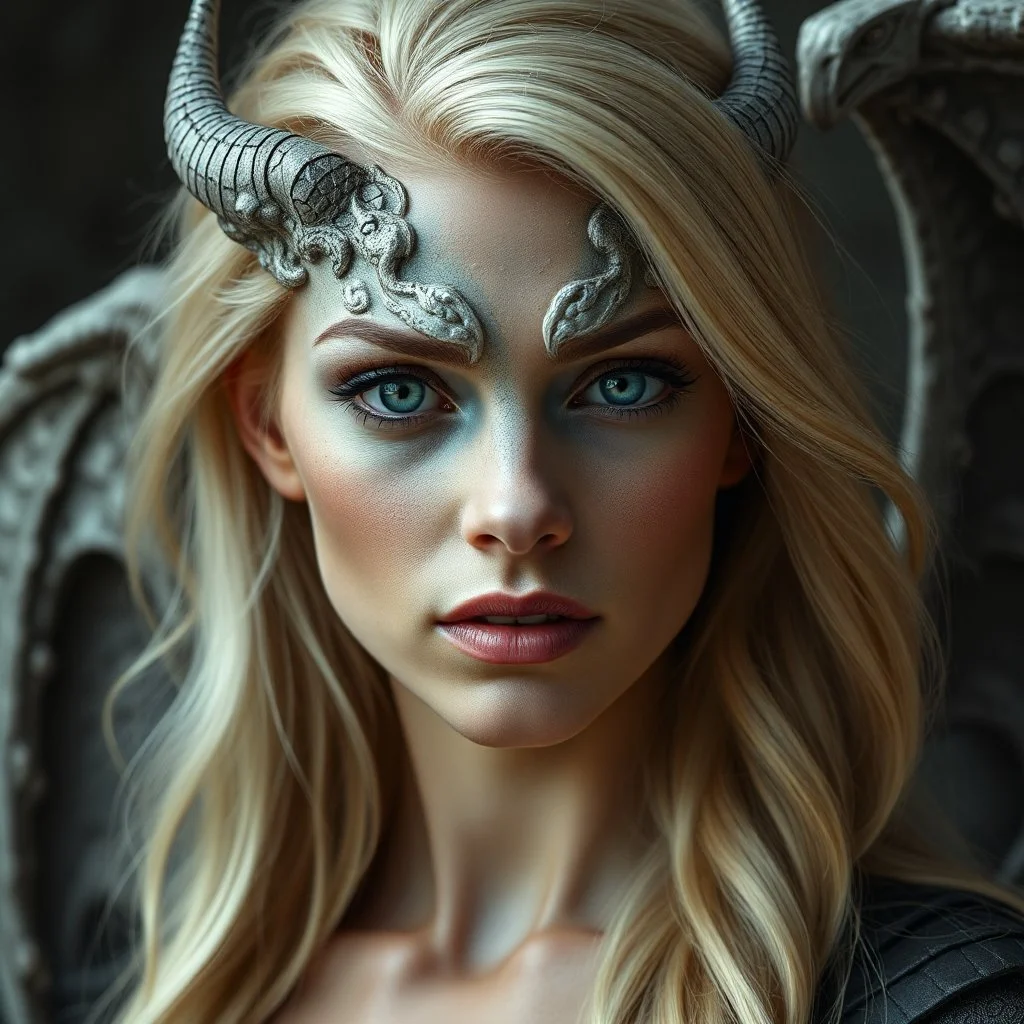 a portrait of an attractive blonde fantasy woman whose face is half human and half stone gargoyle