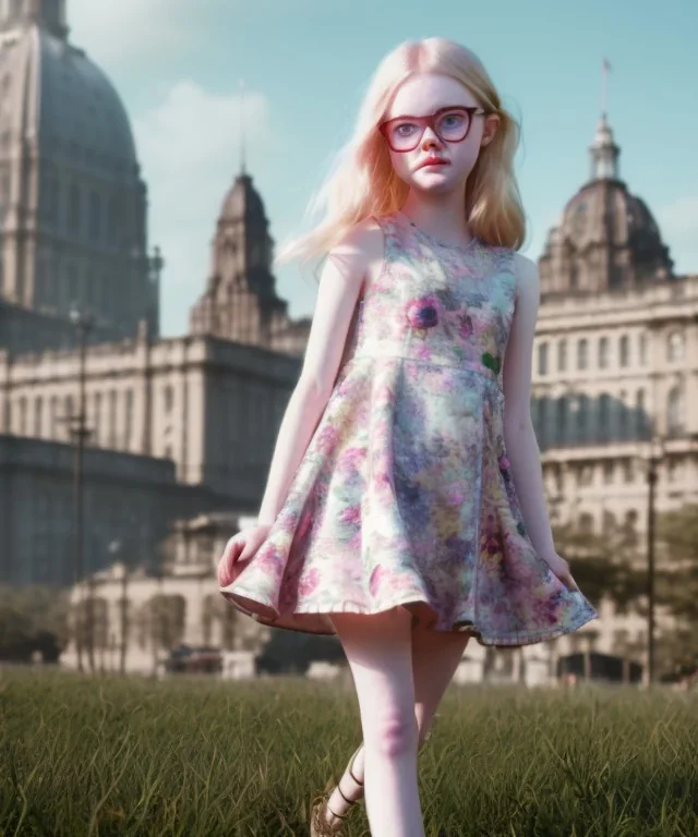 Elle fanning toddler, full body, city background, floral dress, dramatic lighting, hyper realistic