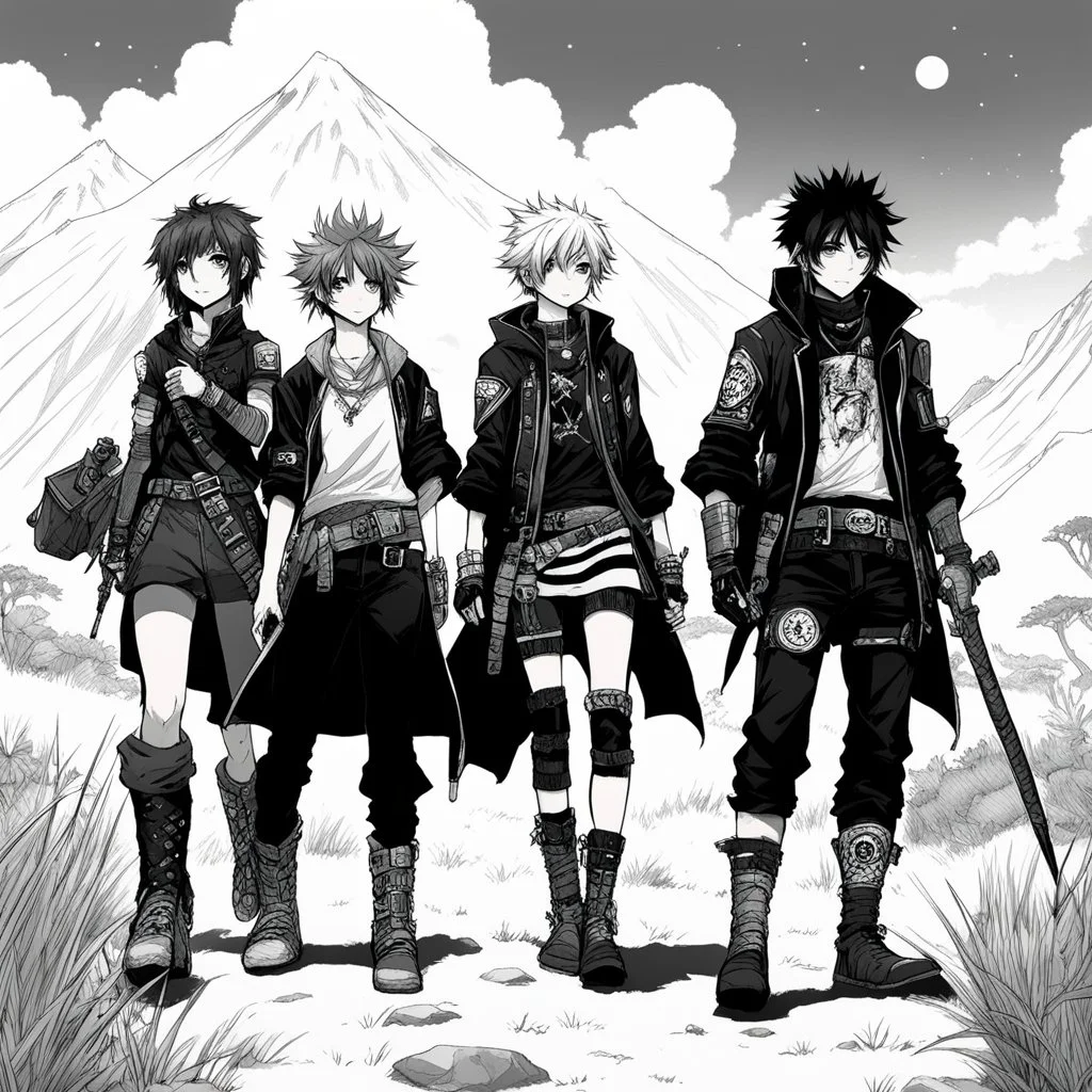 funky black and white manga art of fashion, punkrock, future illustration: RPG group of Adventurers in the wild