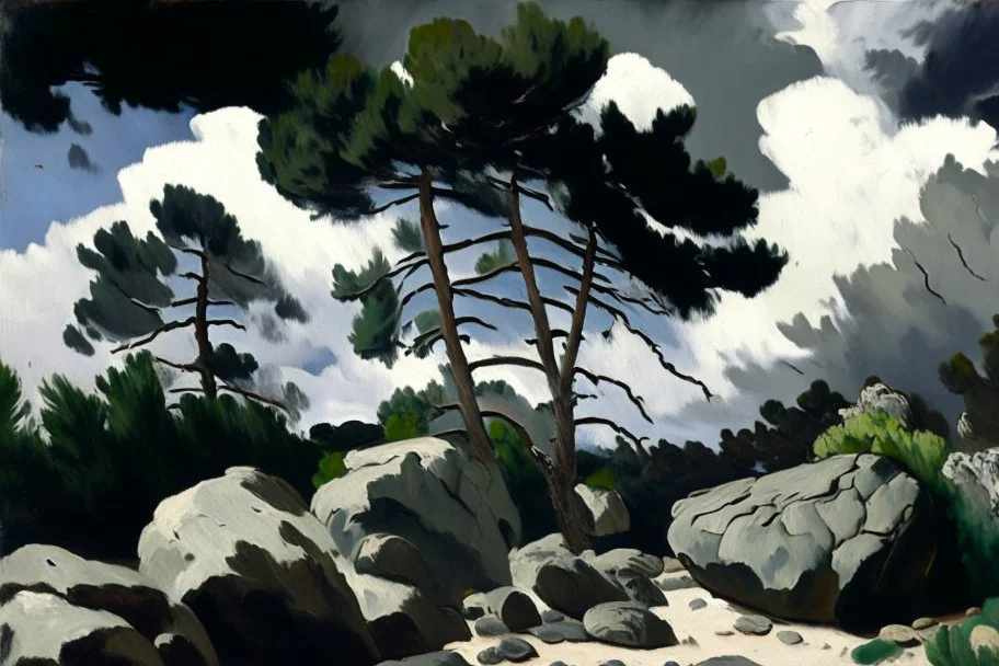 Cloudy day, rocks, trees, edouard manet painting