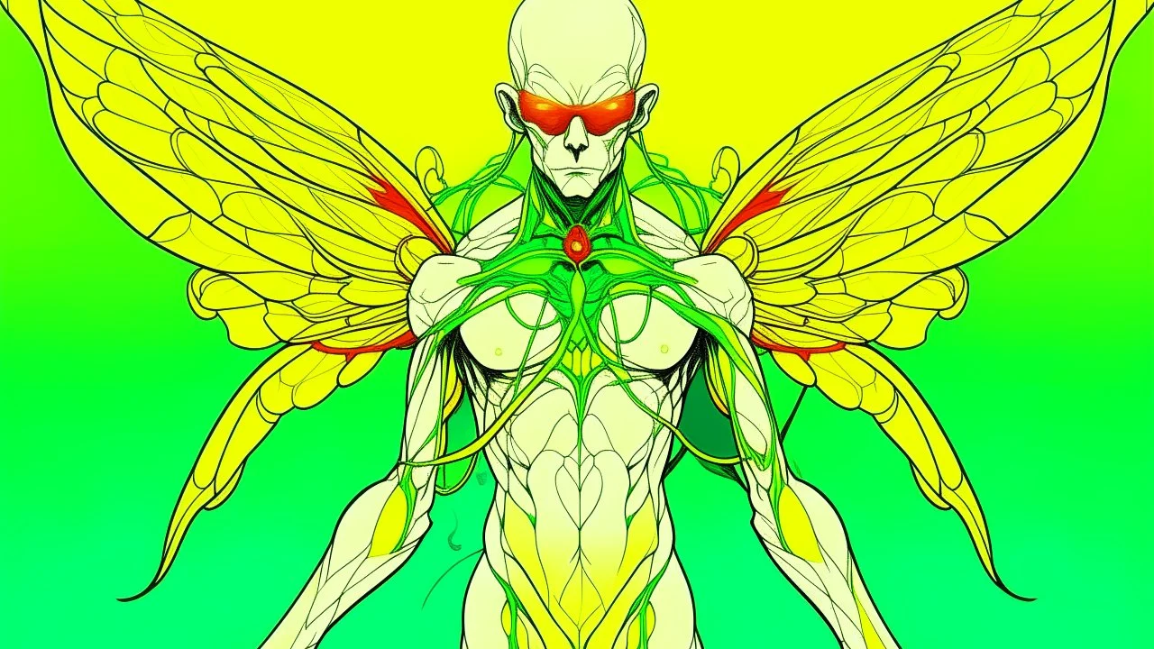 A surreal humanoid figure with white skin, green hair styled into a tall point, wearing glasses, with a transparent torso revealing internal organs, white wings on the back, holding a yellow figure in the lower torso, against a yellow background with a red curved line