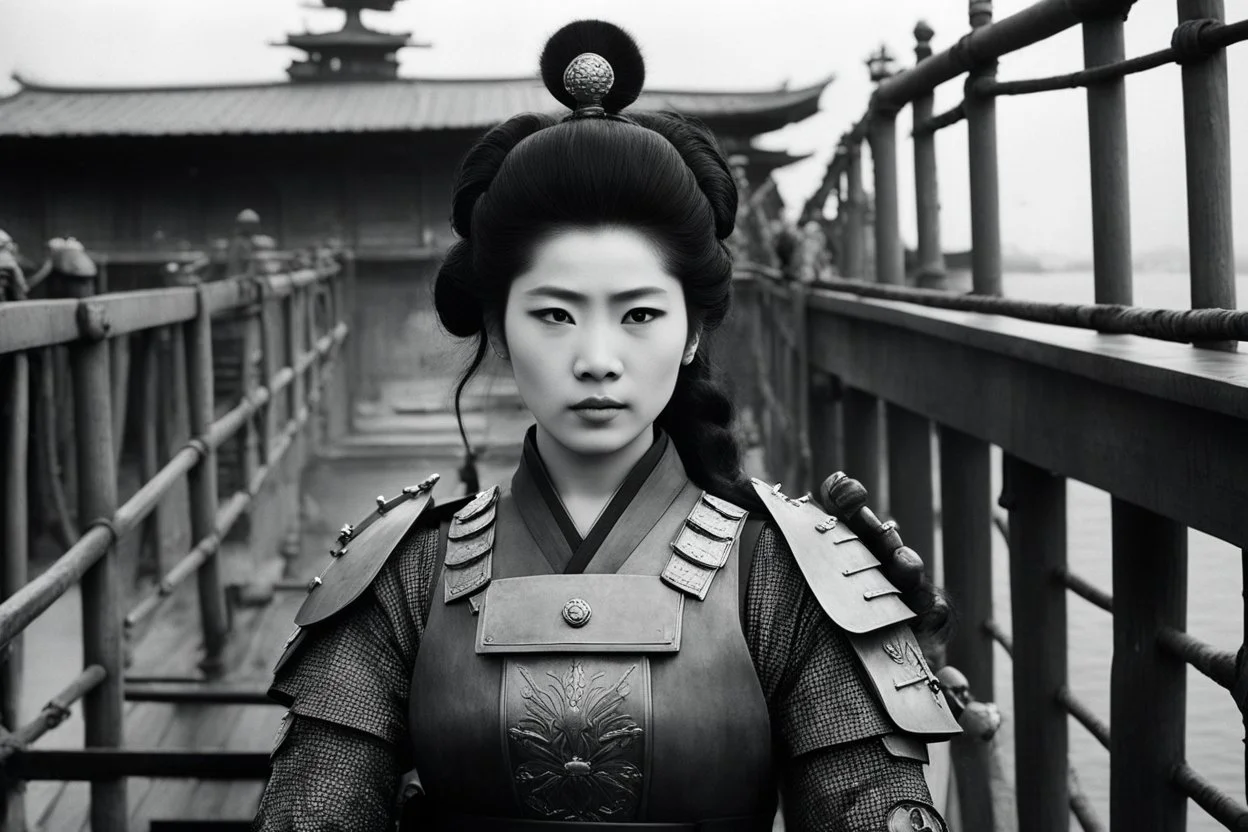 [on the bridge of the Potemkin] Onna bugeisha woman in armour with a katana on japanese battleship: Surreal... a psychological thriller... ... mix in a little World War II... sure... surreal events in an occupied town... man sees ancient soldier hiding in abandoned home... "Twilight Zone." What's that? No! You didn't want any jungle queens! Now wait a minute. You can't breathe. Too hot in here. Gotta open your eyes! Your mouth! What? They're open? Impossible-- You can't breathe! What? Fly? You a