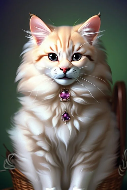 in the middle is A realistic cute adorable fluffy plushy smiling cat holding a basket of jewels and gems. His fur is realistic. The background is a romantic carpet bokeh digital painting extremely detailed studio lighting crisp quality and light reflections 8k cinematic lighting portrait photorealistic ultra detailed cinematic postprocessing focused