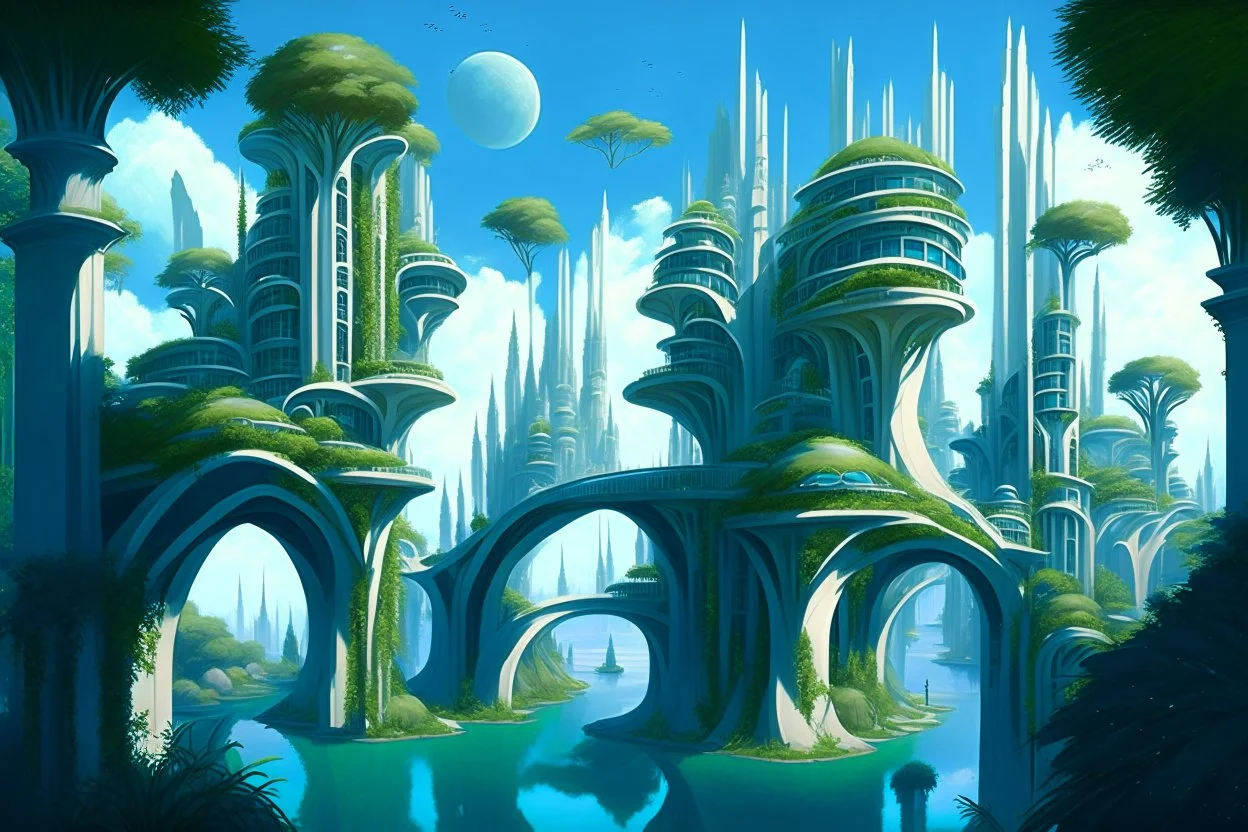 A futuristic alien city, with balconies, verandas, many arches, bridges, spires, paths, trees, dense foliage, Spanish moss, ivy, river, blue sky, white clouds