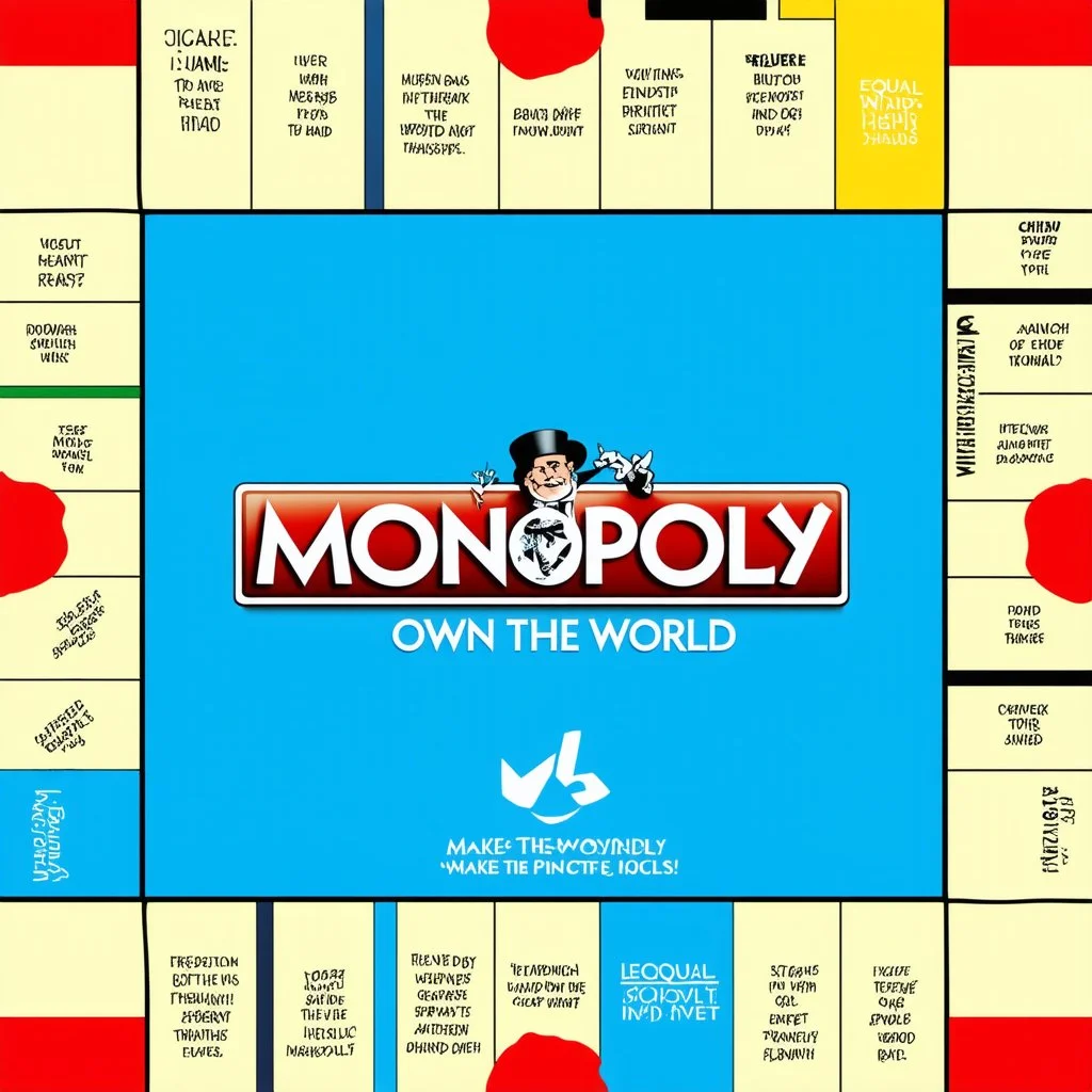 create a custom monopoly style board GAME with: 1 row of EQUAL SIDES 12 SQUARE EACH SIDE WITH A BIG SQUARE IN THE MIDDLE. MAKE THE WRITING IN THE MIDDLE SAY OWN THE WORLD ,