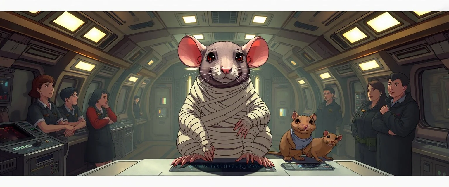 9️⃣ Crew Euphoria "Inside spaceship bridge and hallways. Crew visibly relaxed and productive. Giant mummy rat sits confidently on console, alert but calm, bandages clean, eyes intelligent and sly. Small caged rat and stasis rat subtly visible. Mood: calm triumph, satisfaction. Style: anime expressive features on rats, Rembrandt-inspired lighting highlighting faces and shadows."