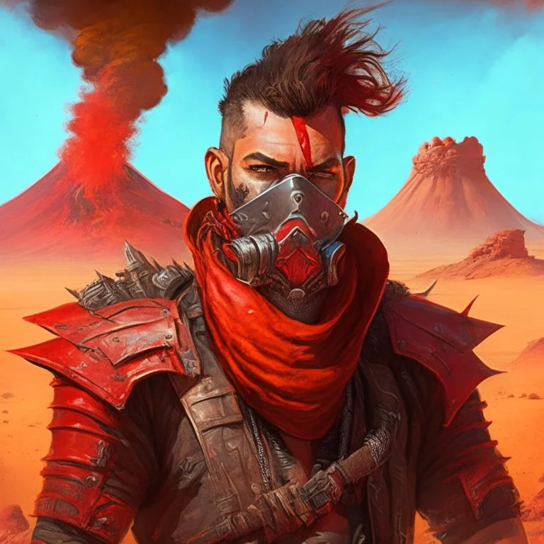 A portrait of a manly man wearing a red armour biker, in a desert with a volcano background. Magic the gathering style art. Diesel punk. Unshaved.