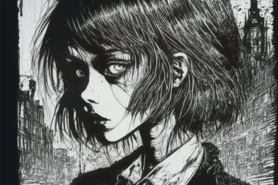 create a disturbing horror full body pen and ink sketch of a dark haired, savage, gothpunk vampire girl with highly detailed , sharply defined hair and facial features, in a dark, otherworldly London in the style of Junji Ito, precisely drawn, inked, with dramatic edges,