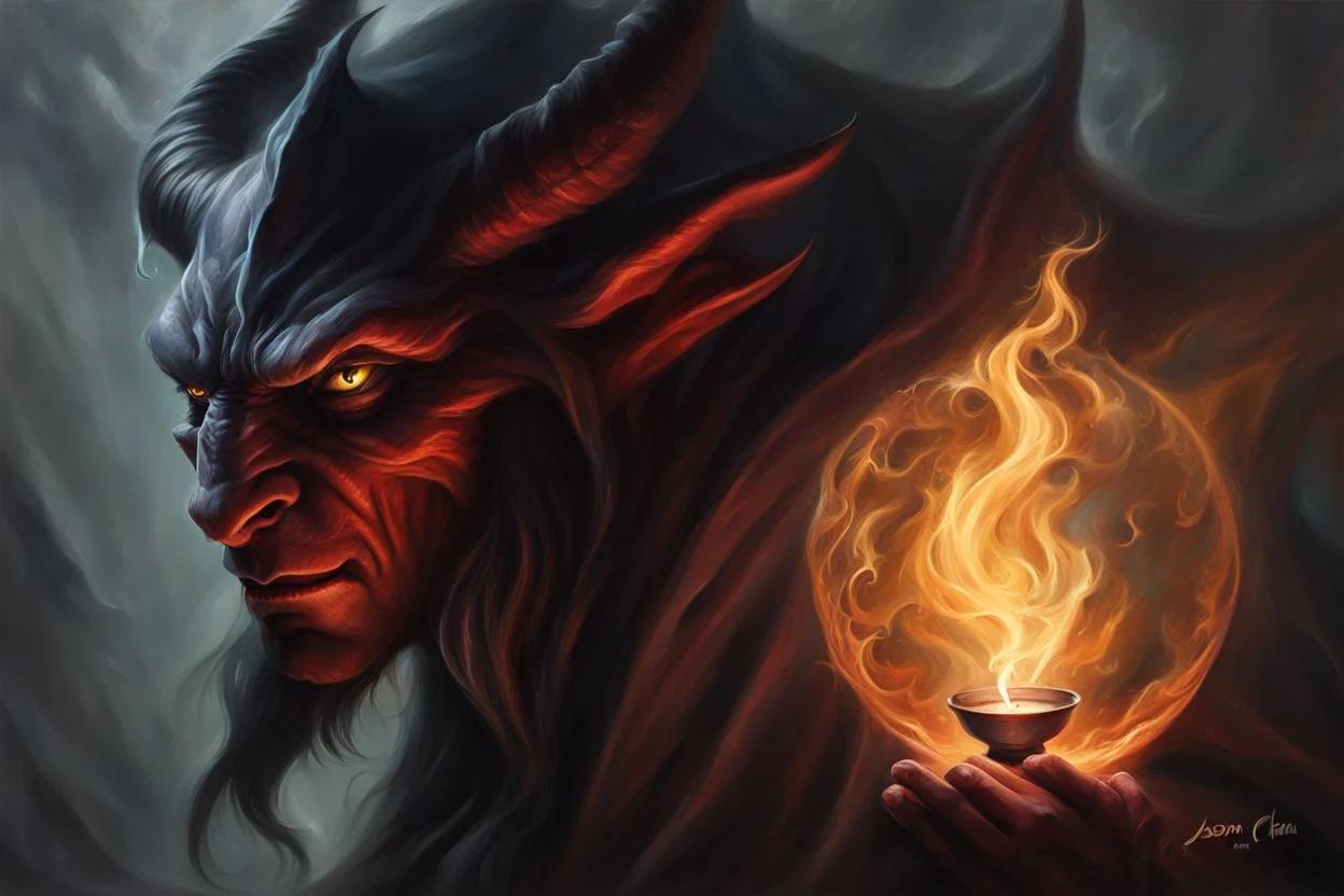 A dark sorcerer, magic spell, head of the demon, demon, devil, magical, mystical, photoshop painting, by Jason Chan.