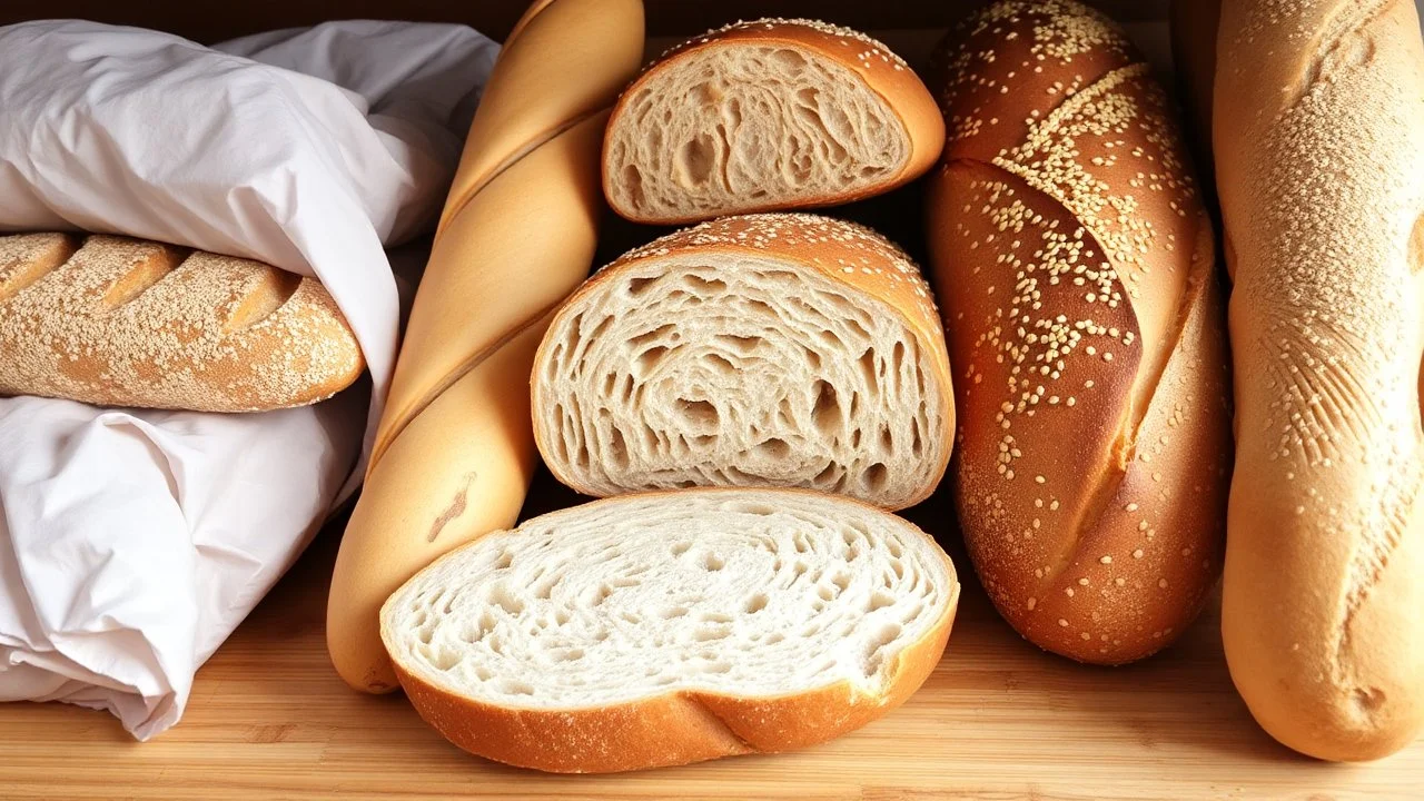 Baguette, sandwich, test and tortilla bread, white, and whole wheat and all kinds of sweets and wheat ears and sesame seeds and freshly baked sliced ​​breads