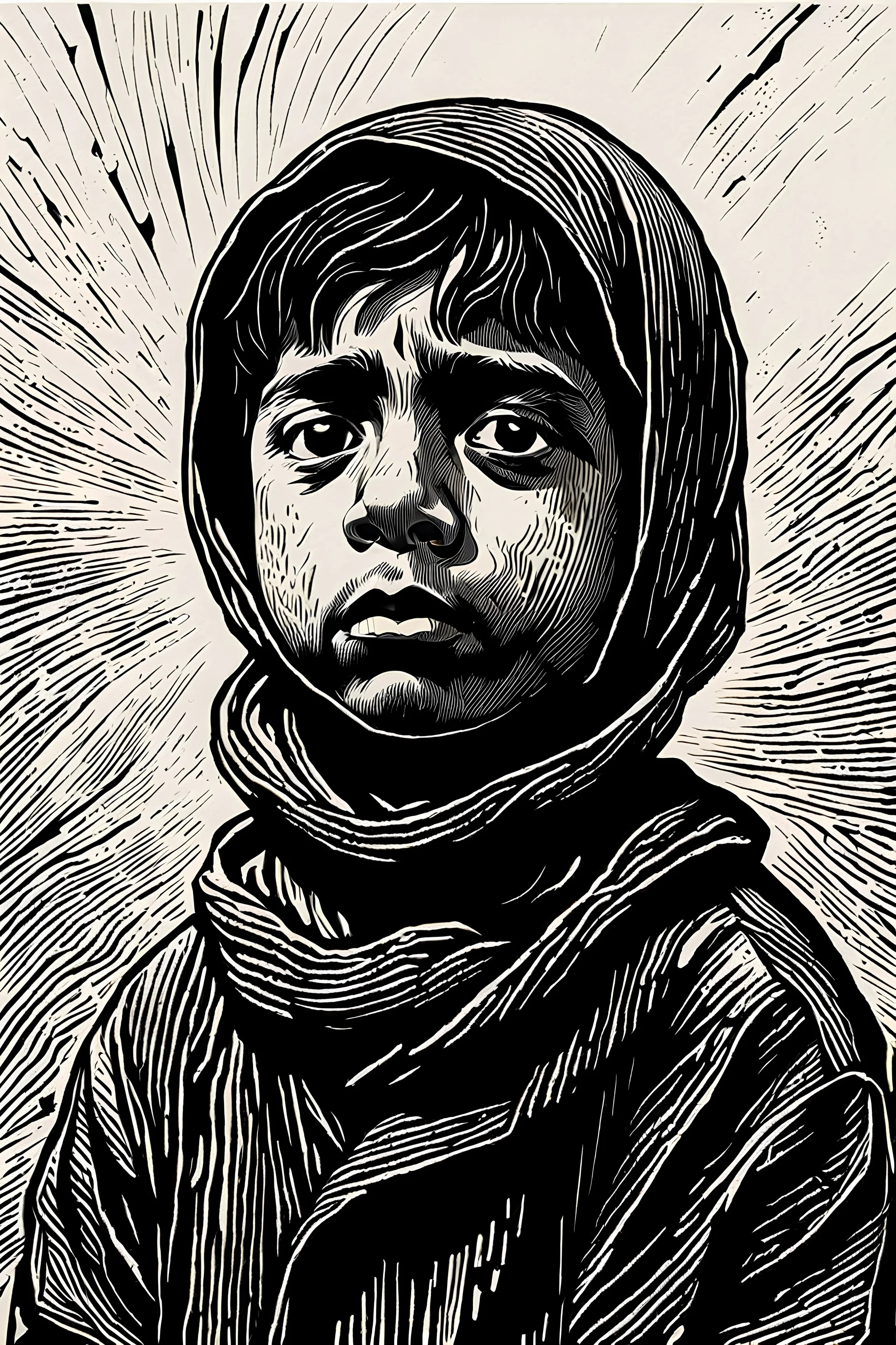 create a deeply powerful tragic, heart wrenching, and evocative, full body woodcut of a poor young Muslim refugee boy with highly detailed and deeply cut facial features, lost in a horrific post apocalyptic Gaza, in the style of KATHE KOLLWITZ , searing lines and forceful strokes