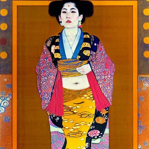 Retrato de cuerpo entero una Gheisha vestida con kimono muy guapa y voluptuosa con el estilo de Gustav Klimt