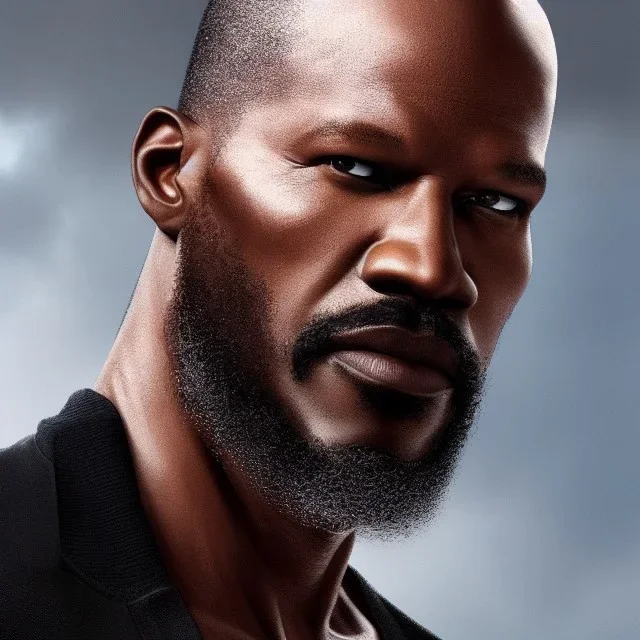 "MIddle aged black human male, with a trimmed but uneven beard, piercing eyes with slick back hair, full-scale head and shoulders portrait, 8k resolution concept art portrait by Greg Rutkowski, Artgerm, WLOP, Jaime Foxx dynamic lighting hyperdetailed intricately detailed Splash art trending on Artstation triadic colors Unreal Engine 5 volumetric lighting Splash art fantasy"