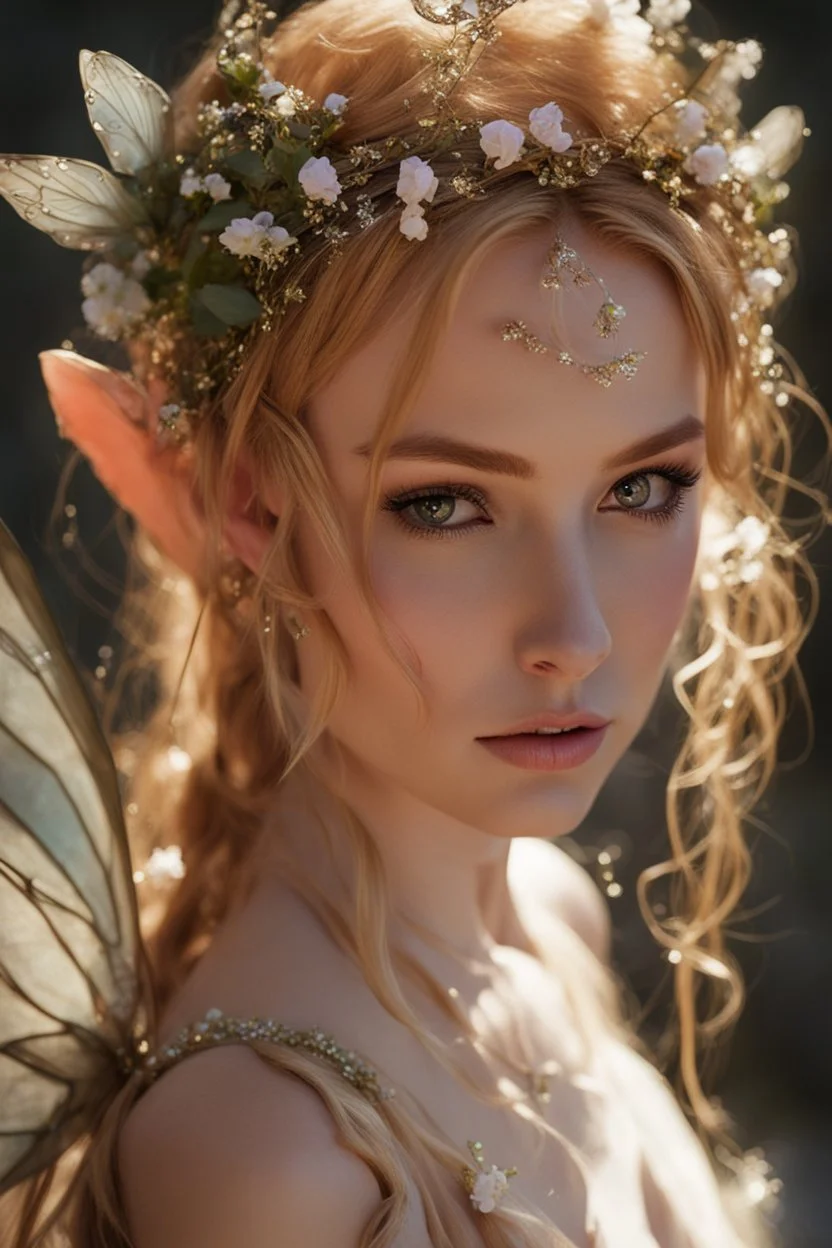 Pointed elven ears,Blonde hair ,Pink dress,Sparkling fairy wings,Very long golden hair,Fairy crown,pointed ears,elven ears,fairy wings,water lilies,sparkling,glittering,flowers,blossoms,golden crown,light pink dress