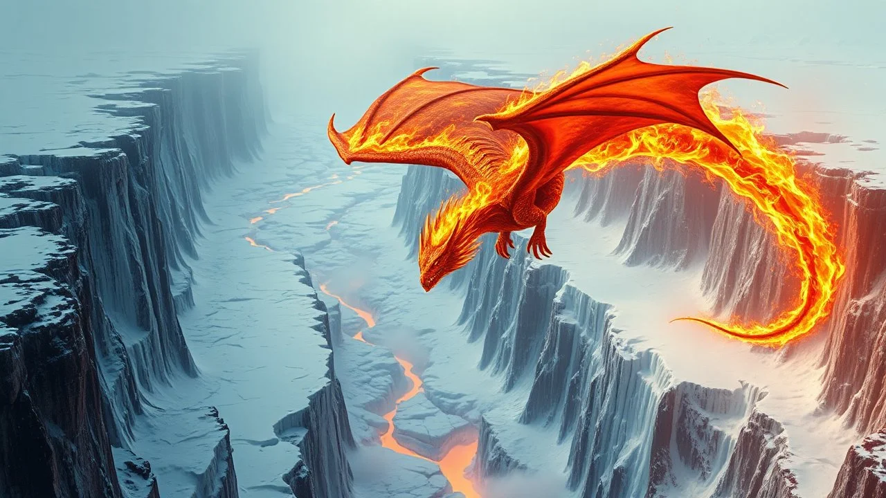 A dragon made of living fire soaring over an endless ice canyon, melting the ice below and creating rivers of steam as it passes. Photographic quality and detail, award-winning image, beautiful composition.