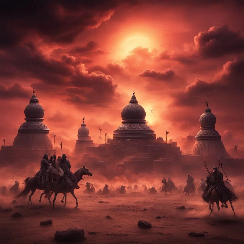 Hyper Realistic Karbala Prehistoric War Background at red cloudy sunset