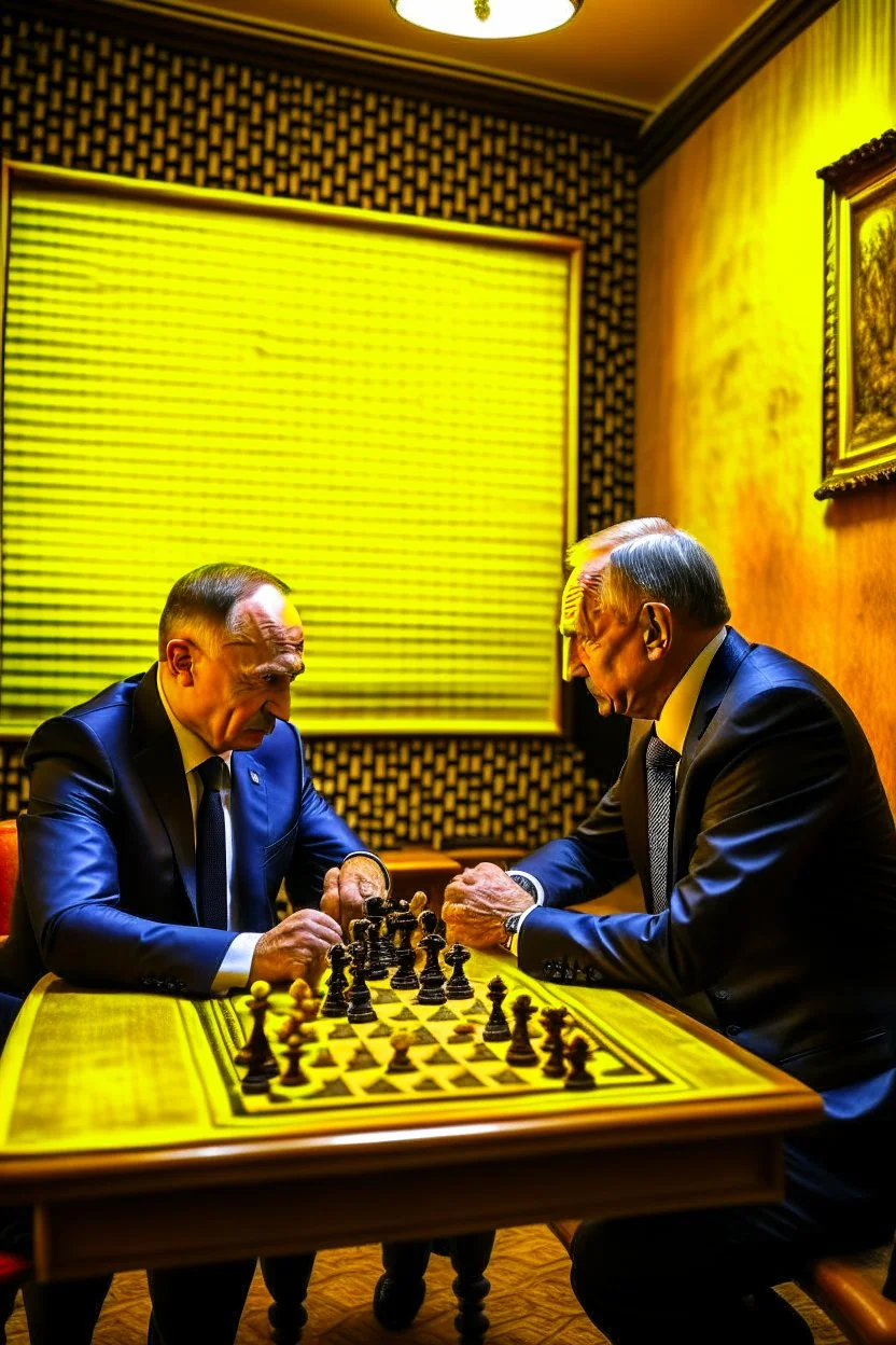 Vladimir Poutine playing chess with Zelinynski. A map of ukraine is burning on a wall