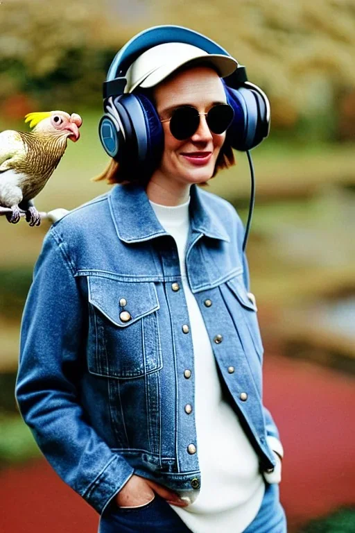 Fresh woman, no make-up, plum-blue-camouflage jacket. Old-fashioned things like CD's, microphone integrated to mask! Wool visor to tippet, AKG headphones, golden rings. materials are denim, leather and felt cloth mixed. Fashion 1990's. Venue: Farm Recycled plastic, stuff, nature, Chicken and cockatoo, Natural Light. Possible colors: Cream white, zinc plate, red ochre, ochre. Thick tights. Thick calves. wide hip