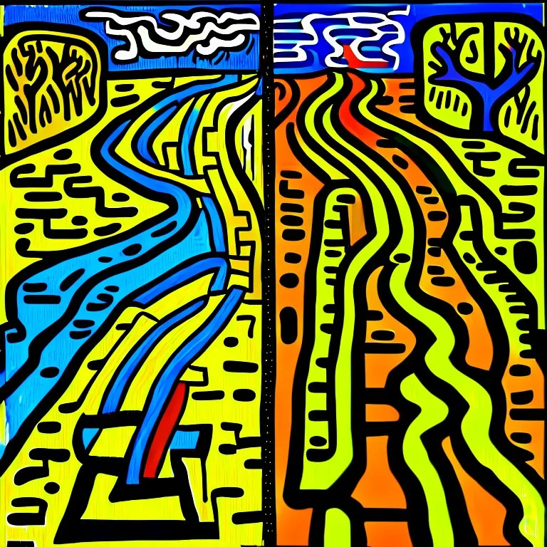 two roads diverged , art, oil colors, bright, keith haring, picasso, masterpiece