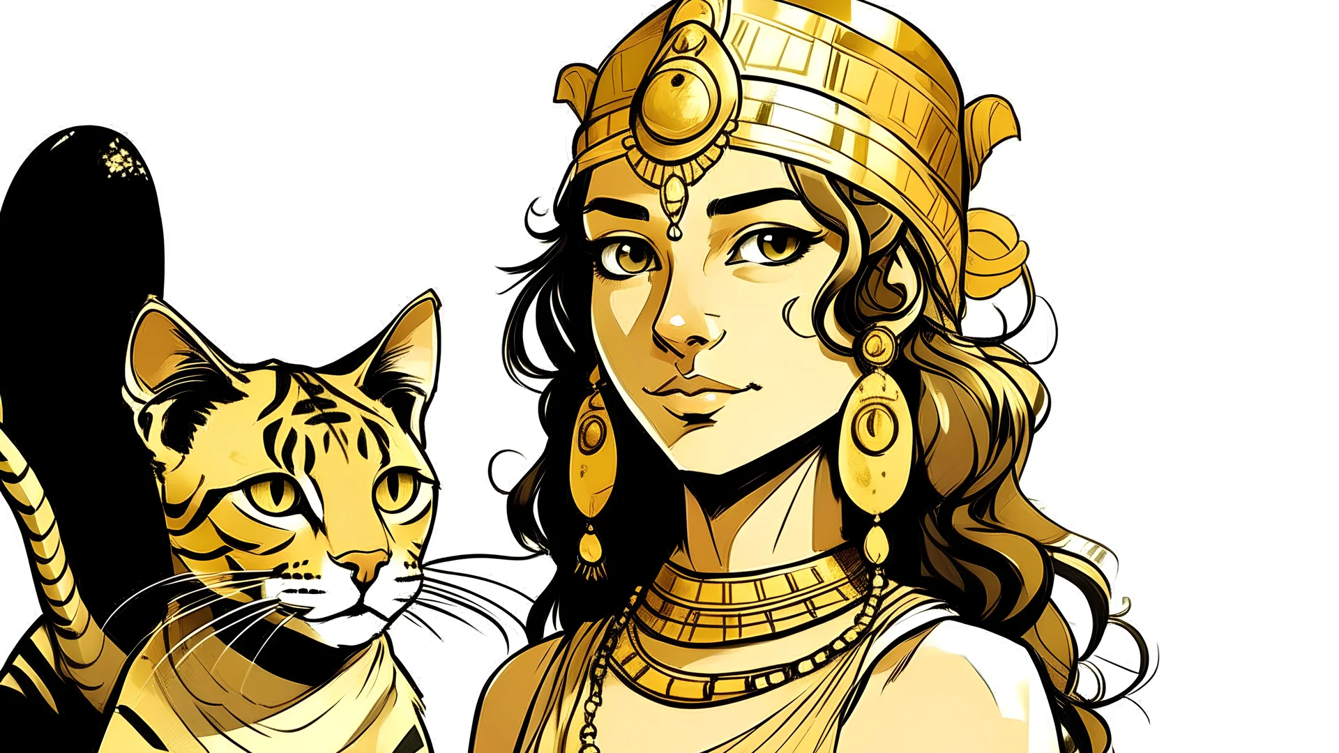 Illustrate a girl with a cat-like face and Cleopatra-style attire against a white background, using a Paleolithic art style.