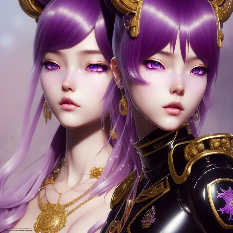 Detailed cute anime girl, purple hair buns, purple bangs, black latex bodysuit, intricate details, full body portrait, keep head in frame, slight smile, black Japanese motif, concept art, highly detailed, digital painting, concept art, sharp focus, illustration, art by Yoji Shinkawa, WLOP and greg rutkowski and alphonse mucha and artgerm and yanjun Chen and Junji ito and Makoto Shinkai, HDR, octane render