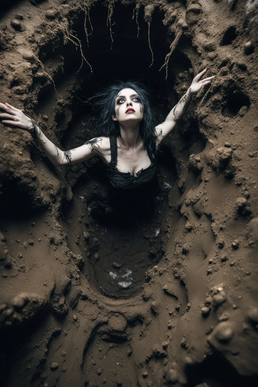 Closeup tall Girl goth with big eyes, fullbody, ragged clothes, extended like roots, the perspective looking up from the bottom of an empty well , midle underwater and mud 8k,macro photography,