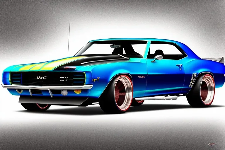 a true-to-life 1969 chevrolet camaro pro street widebody, two-tone paintwork, classic hotrod wheels, detroit steel wheels, pen and color marker, centered, intricate, extreme detailed, photorealism, center view, stylized random background, pivot on camaro, painting by cheryl kelley