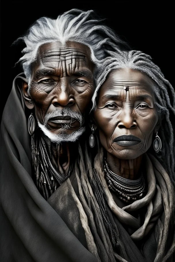 a photo of an Bushmen man and woman with ethnic jewelry, grey hair and grey flowing robe, in style of Annie Leibovitz, contemporary portrait of a mature yet beautiful and modernist, black and grey, detailed face, swirling fluid smokey enigma, award-winning artwork