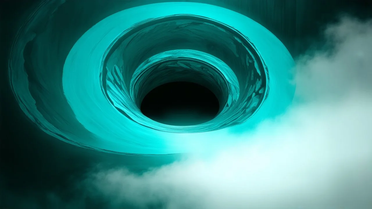 modernist style, An immersive scene depicting a spiraling hole that symbolizes the threshold of escape, filled with fluid monochromatic shapes and whimsical patterns. The atmosphere is dreamlike, with a misty overlay giving a sense of depth and endlessness., art nouveau, soft colors, deep teal and light grey color scheme, scandinavian vibe, diffused pale light