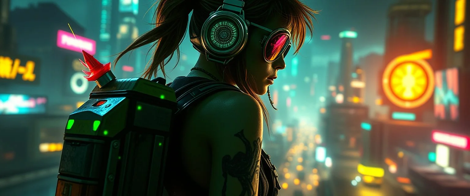 cyberpunk space city, in valley, close up on A space pirate hi class girl with disco ball rocket shooting sparks backpack , Blew a fuse in his hips and short-circuited his bits, The Martian fluffy gremlins went wild, the Plutonians dogs screamed, Even black-and-white aliens turned ultraviolet green! in the style of fallout 4 and HR Giger, background motion blur , and volume fog spot lights