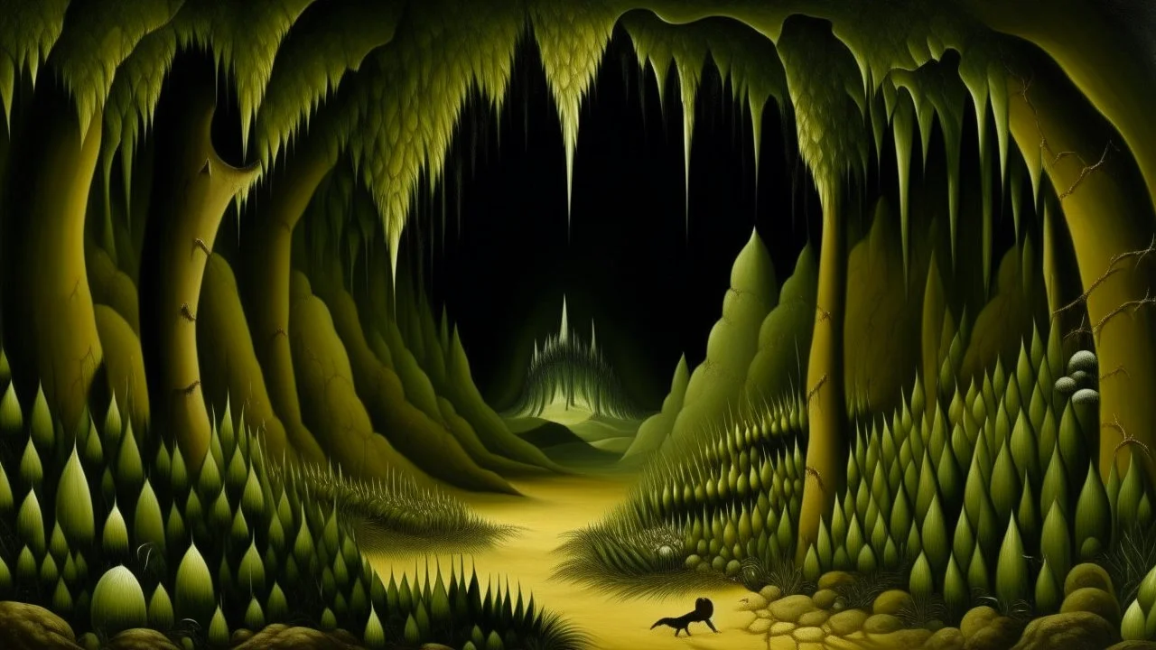 An olive green cave filled with amber spikes painted by Henri Rousseau