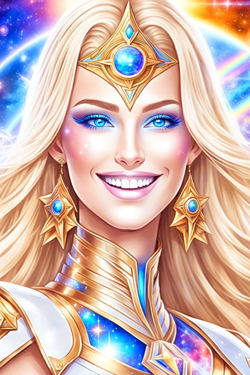 cosmic woman smile,galactic fédération, admiral from the future, one fine whole face, crystalline skin, expressive blue eyes,rainbow, smiling lips, very nice smile, costume pleiadian, Beautiful tall woman pleiadian Galactic commander, ship, perfect datailed golden galactic suit, high rank, long blond hair, hand whit five perfect detailed finger, amazing big blue eyes, smilling mouth, high drfinition lips, cosmic happiness, bright colors, blue, pink, gold, jewels, realist, high,rainbow commander,