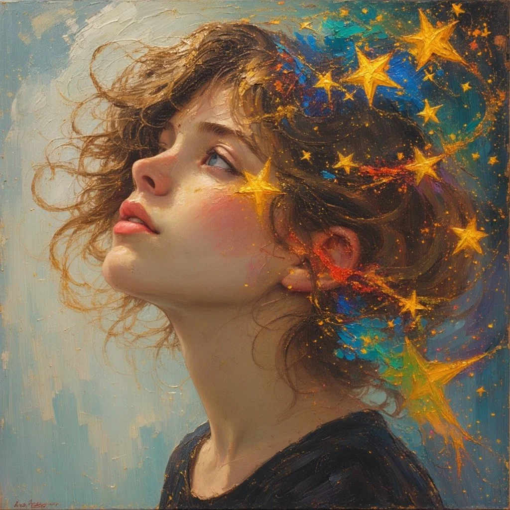 In a captivating luminous thick expressive impasto art nouveau oil painting in the style of Alphonse Mucha, Jeremy Mann, and Heinrich Kley, a teenage girl made of rainbows and stars peering out into the emptiness of eternity Teen Angst Ethereal Incandescence Anthropic Entropic Decay - Mann, Gammell, Kley, Goldin, Gerome, Quentin Blake, Damien Hirst, Hajime Sorayama, Anne Bachelier, Gibson, Rockwell, Seagrave, Alberto Vargas, N.C. Wyeth, beksinski, Bouguereau, Parrish, warm hues