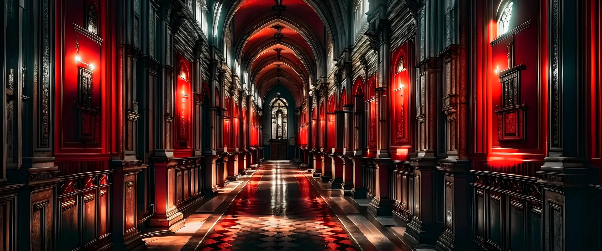 I want a picture of a scary corridor in a huge church with a little red lighting, high quality, width 1920 and height 1080.