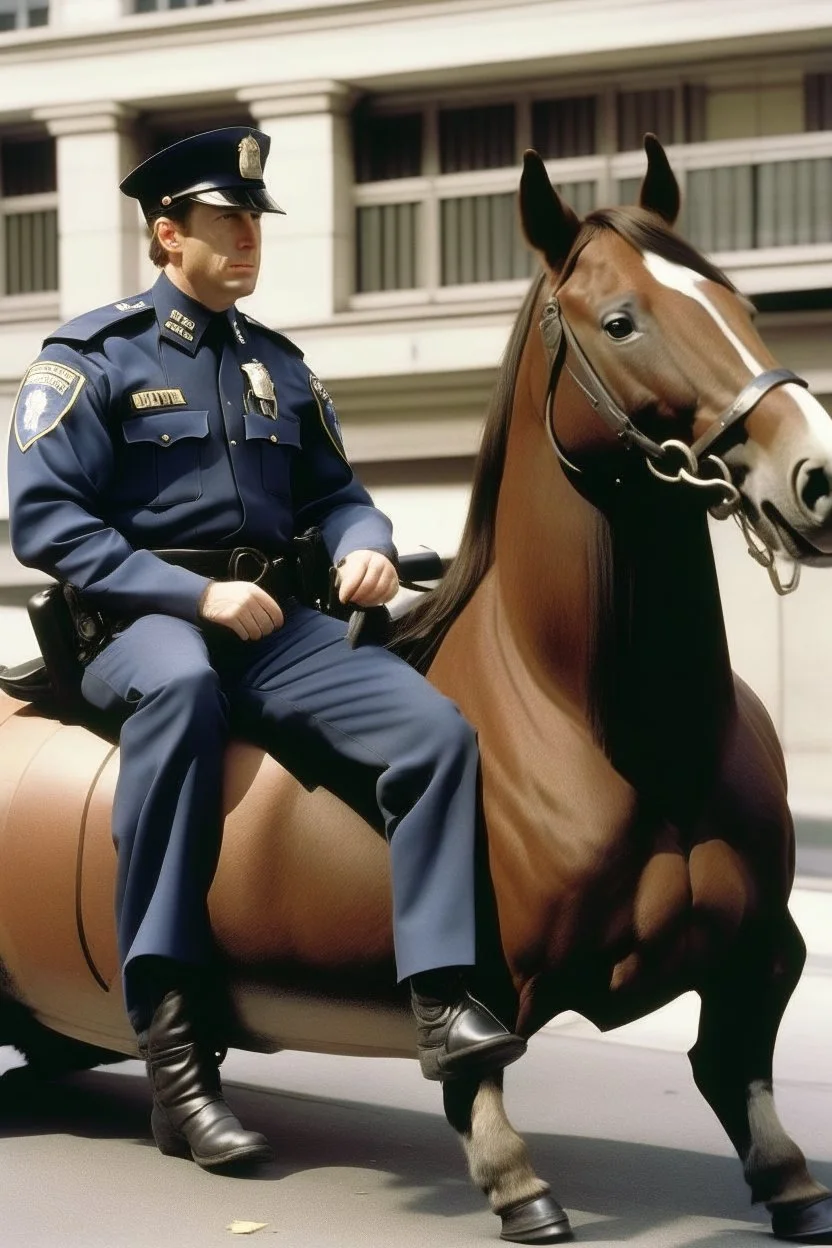 objeto: hombre con cabeza de caballo, vestido con uniforme policial; acción: sentado ; contexto: un recinto policial;