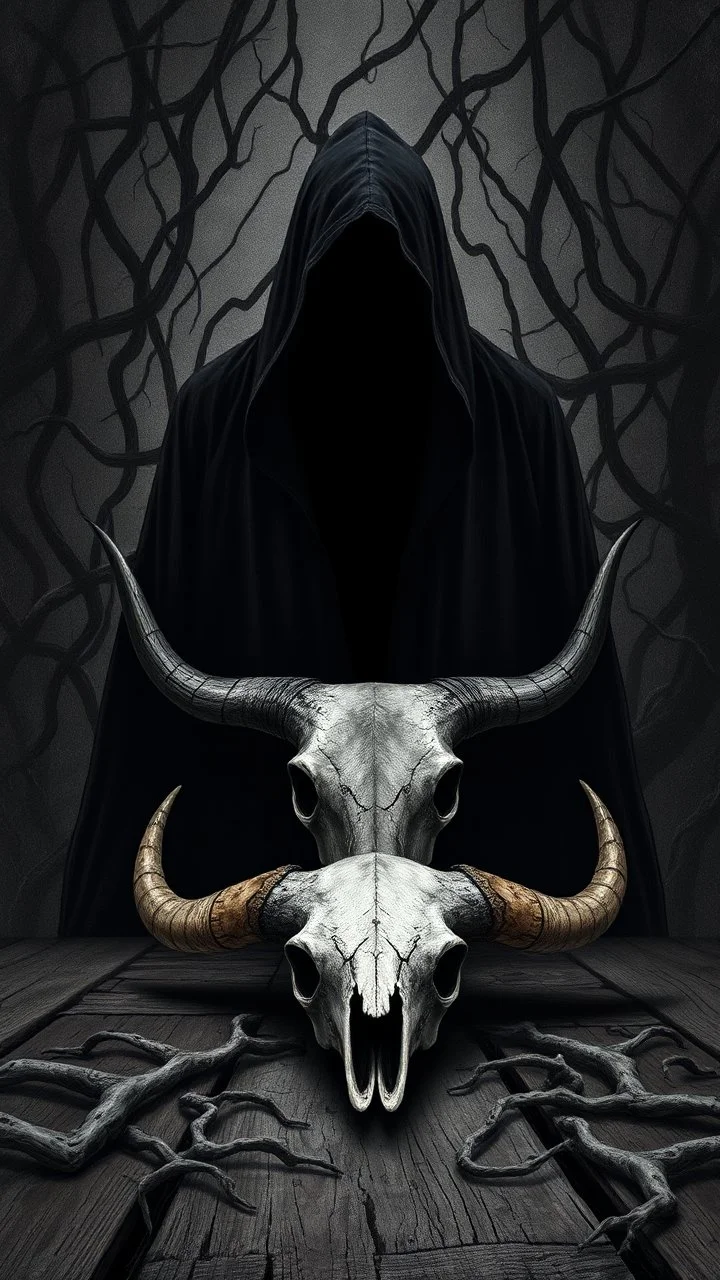 A hooded black shadow creature with no face in the background of black vein, human veins, mixing together a lot of them, like a forest, big and small veins a lot of them, a skull of bull sitting on an old broken table